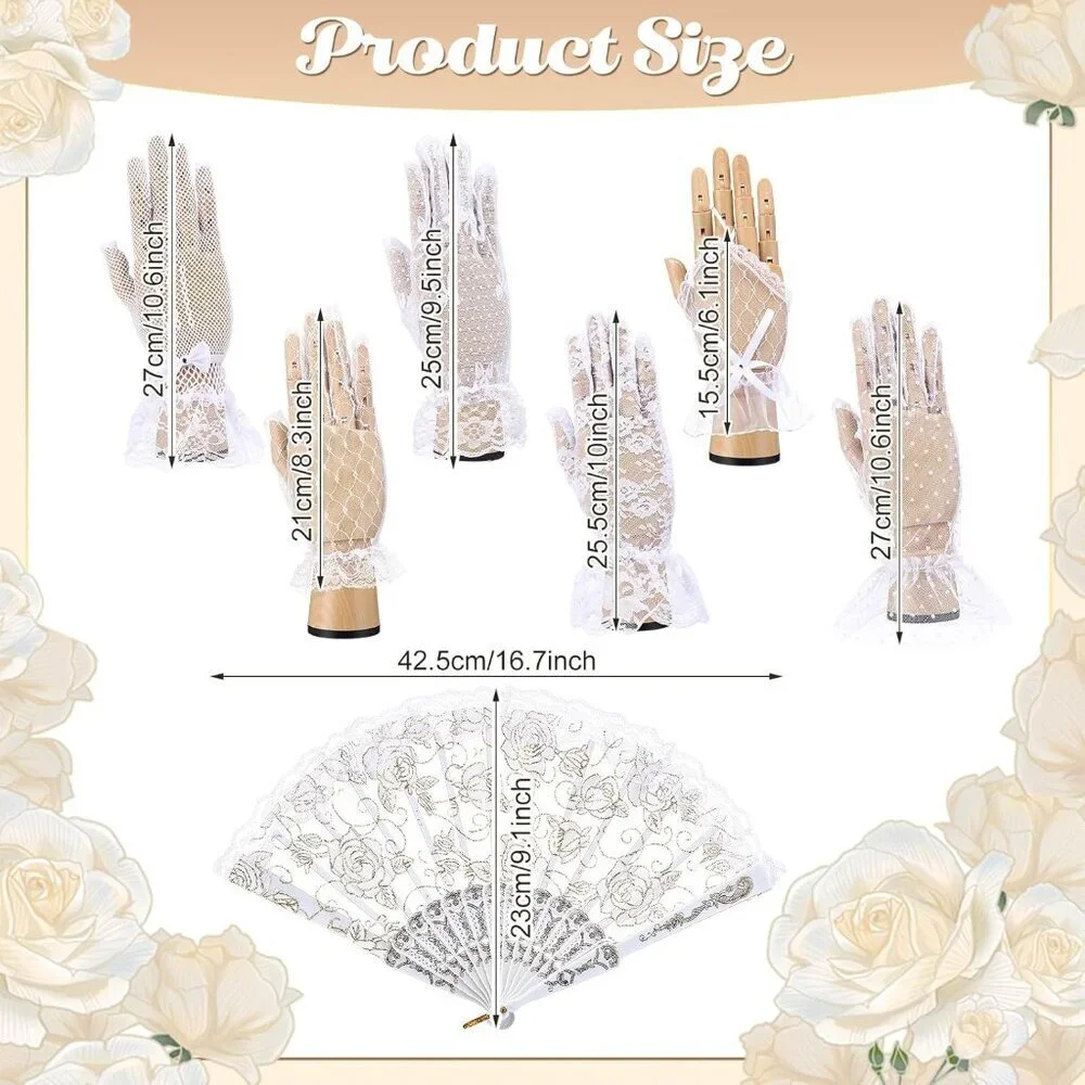 Vintage Lace Gloves 6 Pairs and Rose Hand Fans Set Elegant Wedding Party